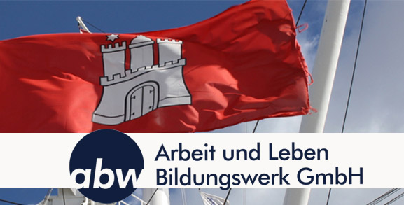 Logo von Arbeit und Leben Bildungswerk GmbH, im Hintergrund Fahne mit Stadtwappen von Hamburg