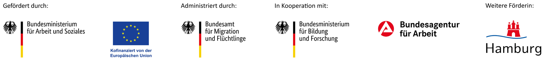 IQ Hamburg Förderleiste bestehend aus den Logos vom Bundesministerium für Arbeit und Soziales, der EU, dem Bundesamt für Migration und Flüchtlinge, dem Bundesministerium für Bildung und Forschung sowie der Bundesagentur für Arbeit