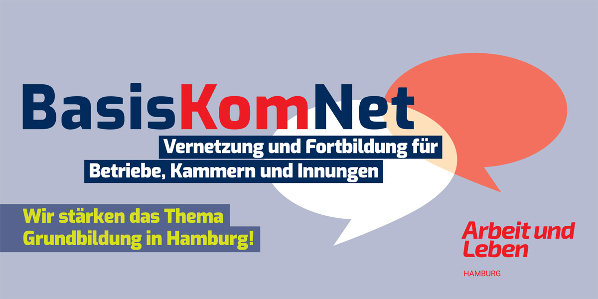 Logo des Projektes BasisKomNet als blau, roter Schriftzug und mit dem Text Vernetzung und Fortbildung für Betriebe, Kammern und Innungen.
