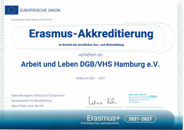 Urkunde Erasmus-Akkreditierung für 2021-2027, ausgestellt von Nationale Agentur, Bundesministerium für Berufsbildung