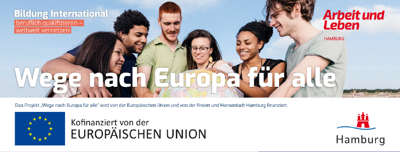 Titelbild vom Flyer Bildung International Wege nach Europa, fünf junge Personen, drei Frauen, drei Männer, halten Globus