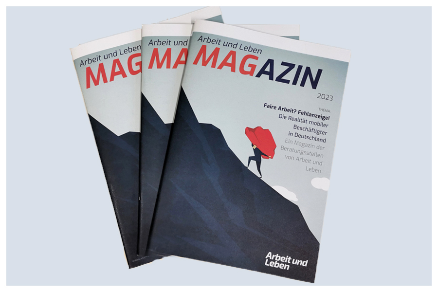 3 Hefte gefächert dargestellt: Arbeit und Leben Magazin 2023