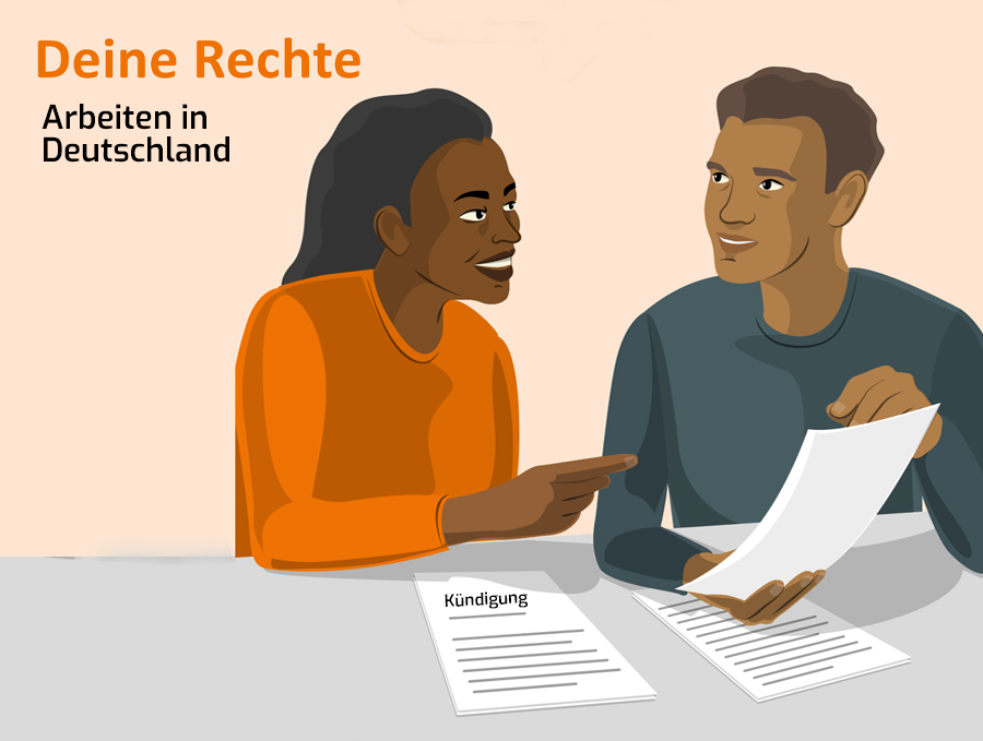 Grafik: dunkelhäutige Frau und dunkelhäutiger Mann im Gespräch, Bildtext Deine Rechte, Arbeiten in Deutschland