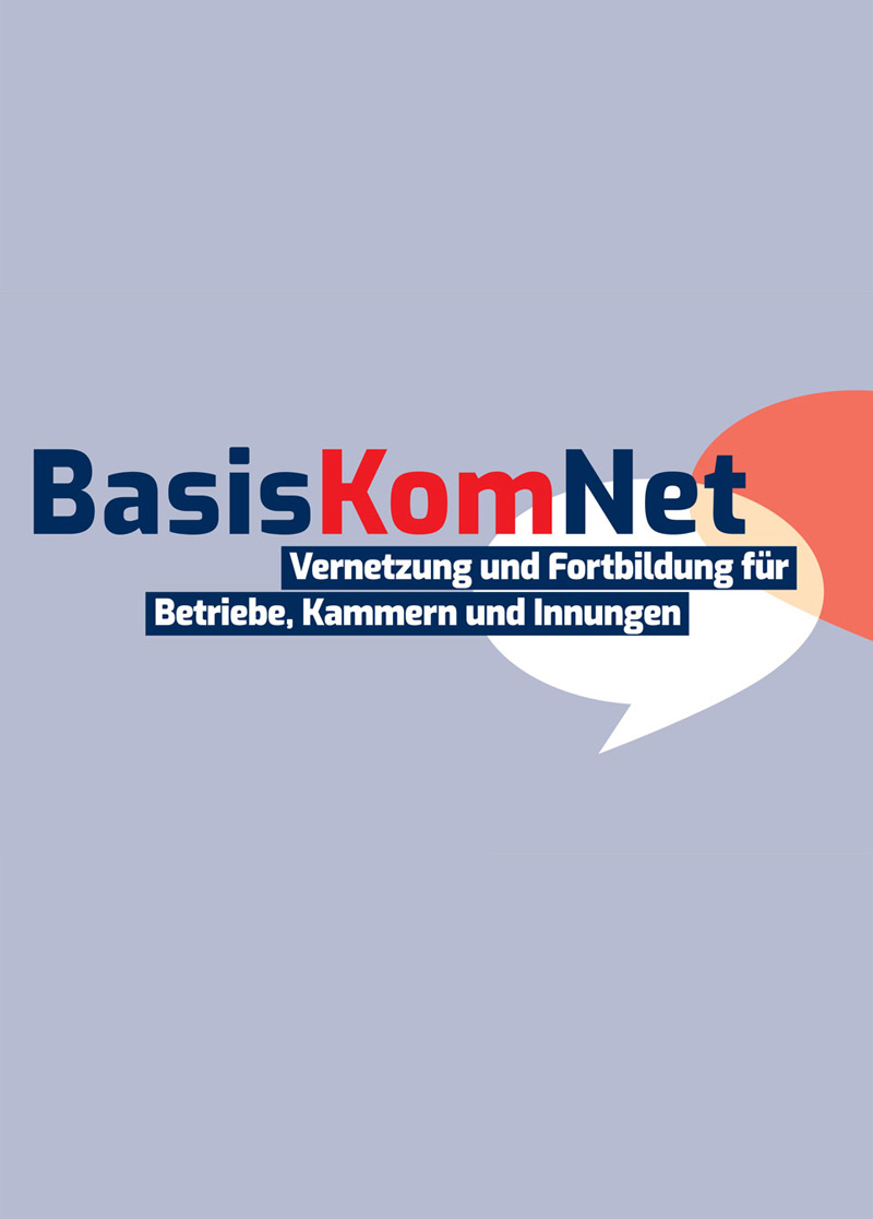Logo des Projektes BasisKomNet als Schriftzug und mit dem Text Vernetzung und Fortbildung für Betriebe, Kammern und Innungen. Logo des Projektes BasisKomNet als Schriftzug und mit dem Text Vernetzung und Fortbildung für Betriebe, Kammern und Innungen.