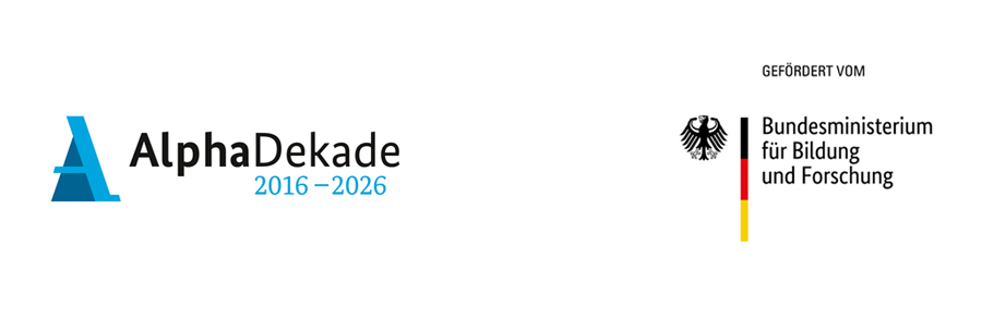 Zwei Förderlogos: 1. Alpha Dekade 2016-2026 in blau, schwarzer Schrift, 2. Bundesministerium für Bildung und Forschung in schwarzer Schrift und schwarzem Bundesadler links der Schrift.