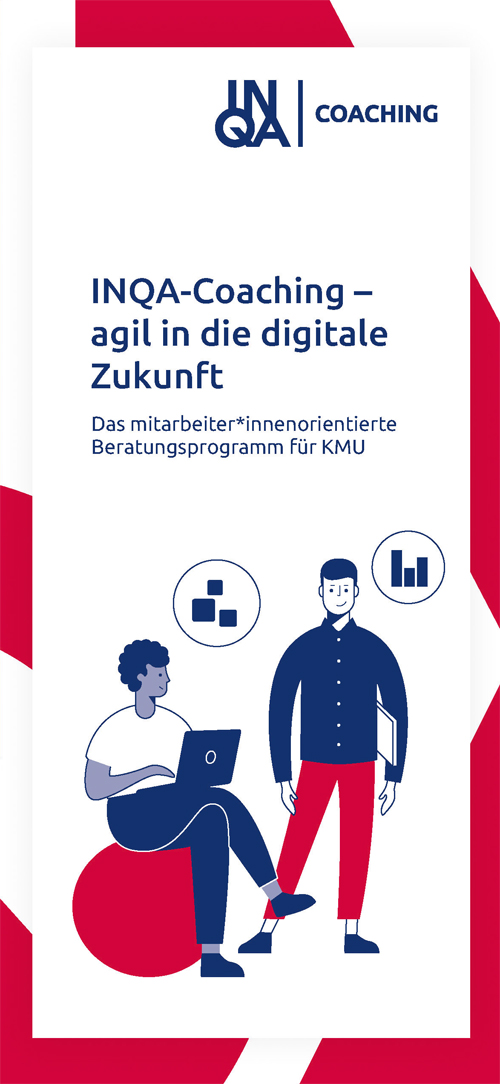 illustratives Titelbild vom Flyer INQA Coaching – agil in die digitale Zukunft – mit zwei Figuren mit Notebook illustratives Titelbild vom Flyer INQA Coaching - agil in die digitale Zukunft - mit zwei Figuren mit Notebook