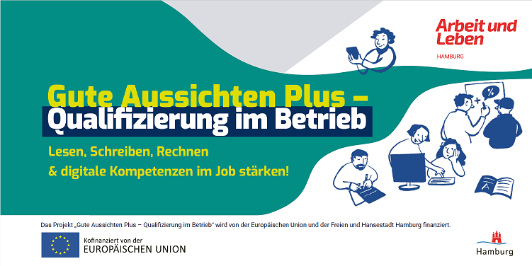 Flyer Gute Aussichten Plus - Qualifizierung im Betrieb. Farbiger Flyer mit Grafiken von Menschen, die Lesen, Schreiben, rechnen und digitale Kompetenzen zeigen.