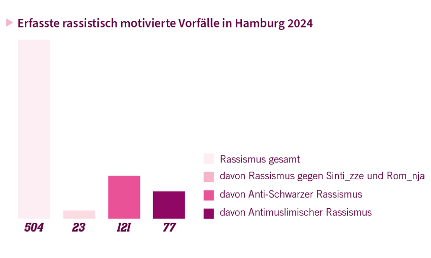 Balkendiagramm, das die 504 Vorfälle rassistischer Gewalt in Hamburg 2024 nach Rassismusform aufgeschlüsselt zeigt.