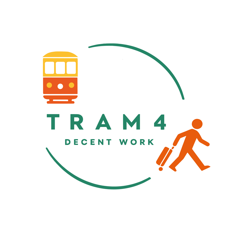 Logo Tram4 Decent Work, stilisierte Straßenbahn und Figur mit Rollkoffer Logo Tram4 Decent Work, stilisierte Straßenbahn und Figur mit Rollkoffer