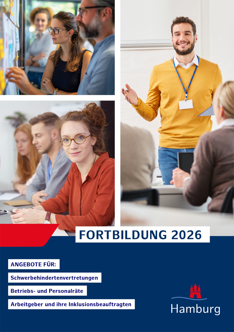 Titelbild Fortbildung 2026 Integrationsamt Hamburg Titelbild des Fortbildungsprogramms vom Integrationsamt Hamburg, gestaltet mit drei Fotos.